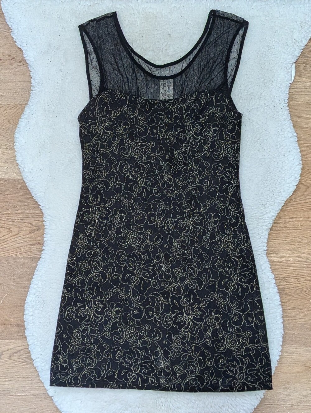 Free People Floral Black & Gold Bodycon Mini Dress With Sheer Dotted Neckline